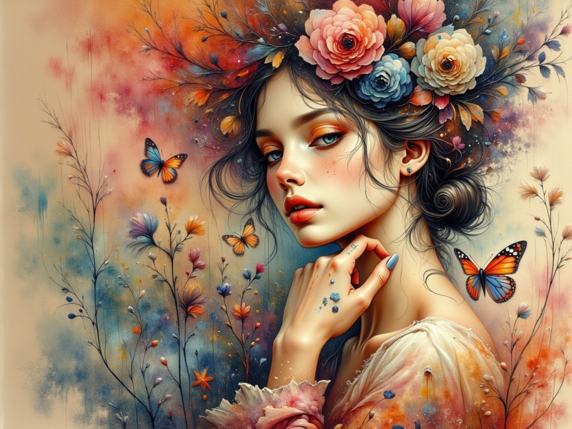 Serene Portrait of a Young Woman with Floral Accents