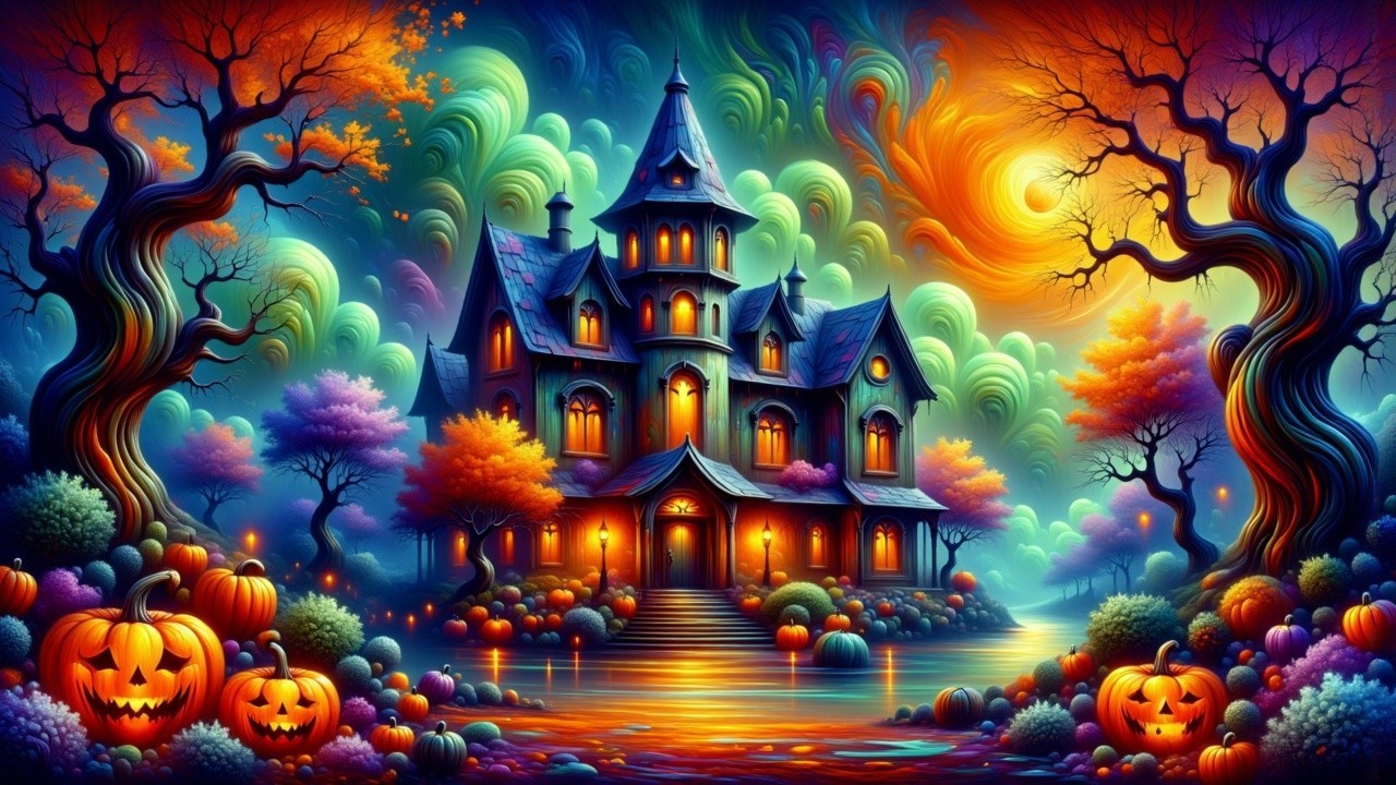 Vibrant Haunted House with Colorful Halloween Atmosphere