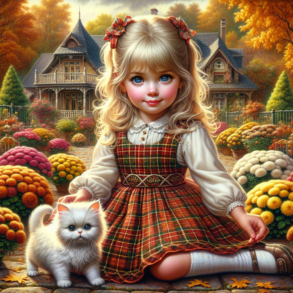 Autumn Bliss: A Girl and Her Cat Among Flowers