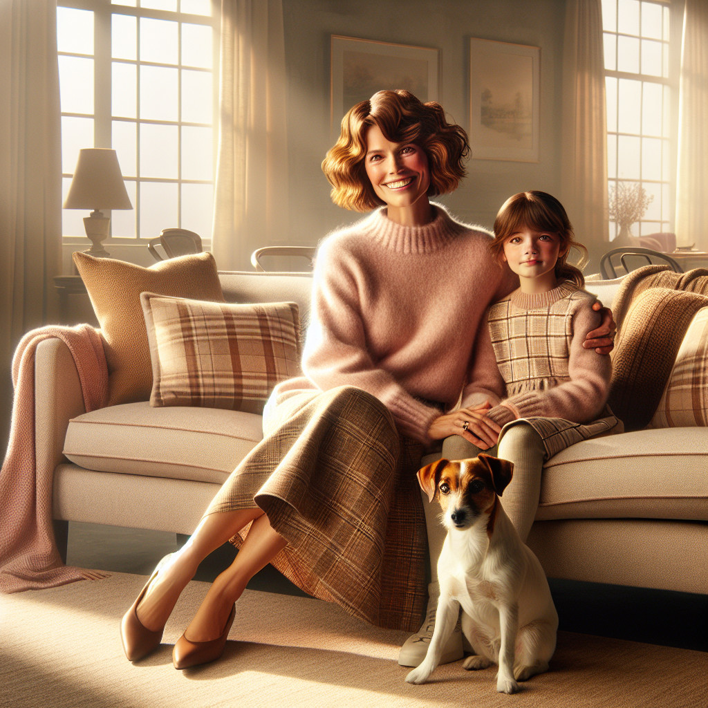 Cozy Living Room with Woman, Girl, and Dog