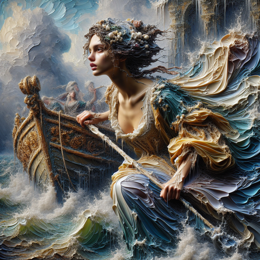 Woman in ornate gown rowing through turbulent waves