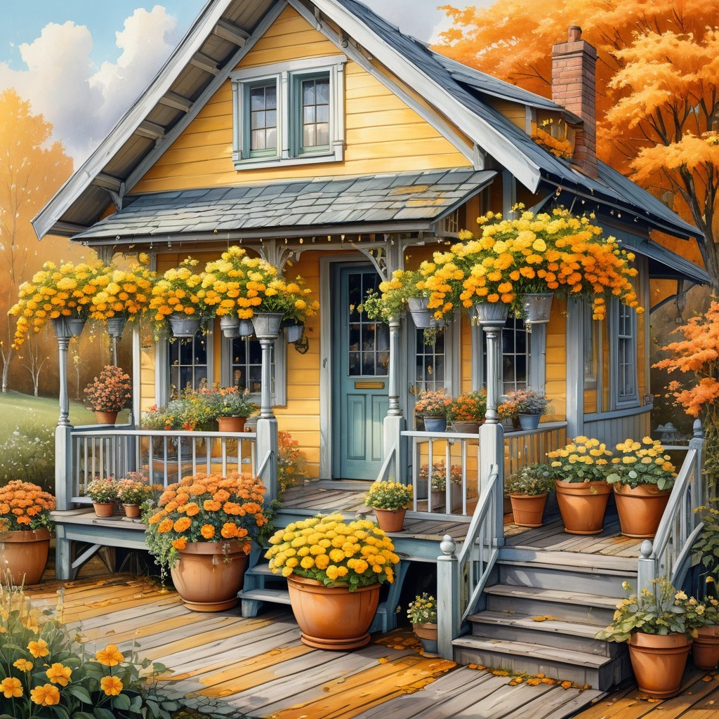 Charming Yellow Cottage with Autumn Flowers and Foliage