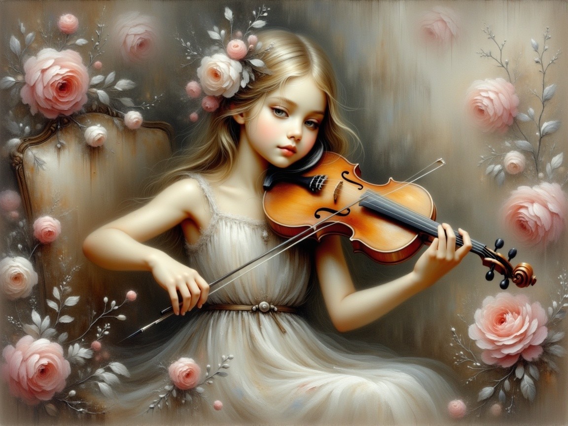 Young girl playing violin in a floral setting