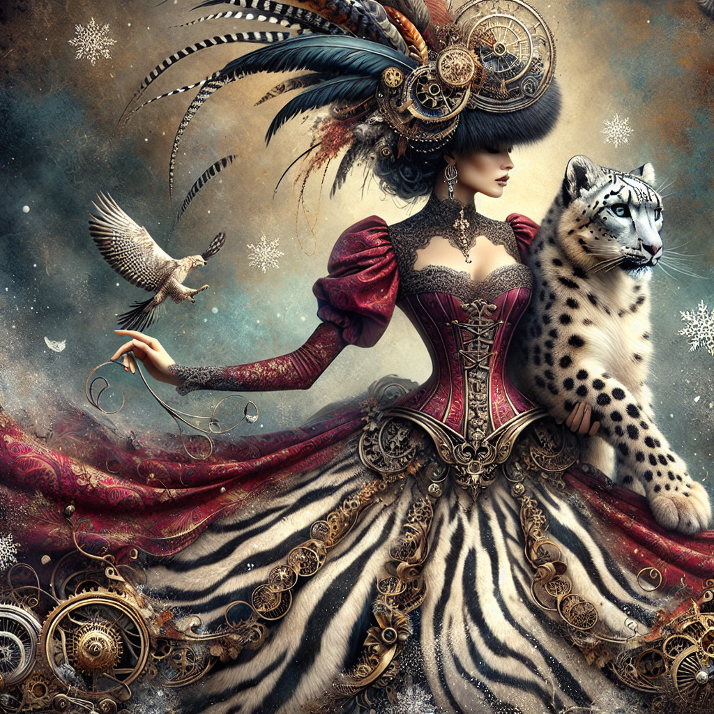 Majestic figure in ornate dress with snow leopard and bird