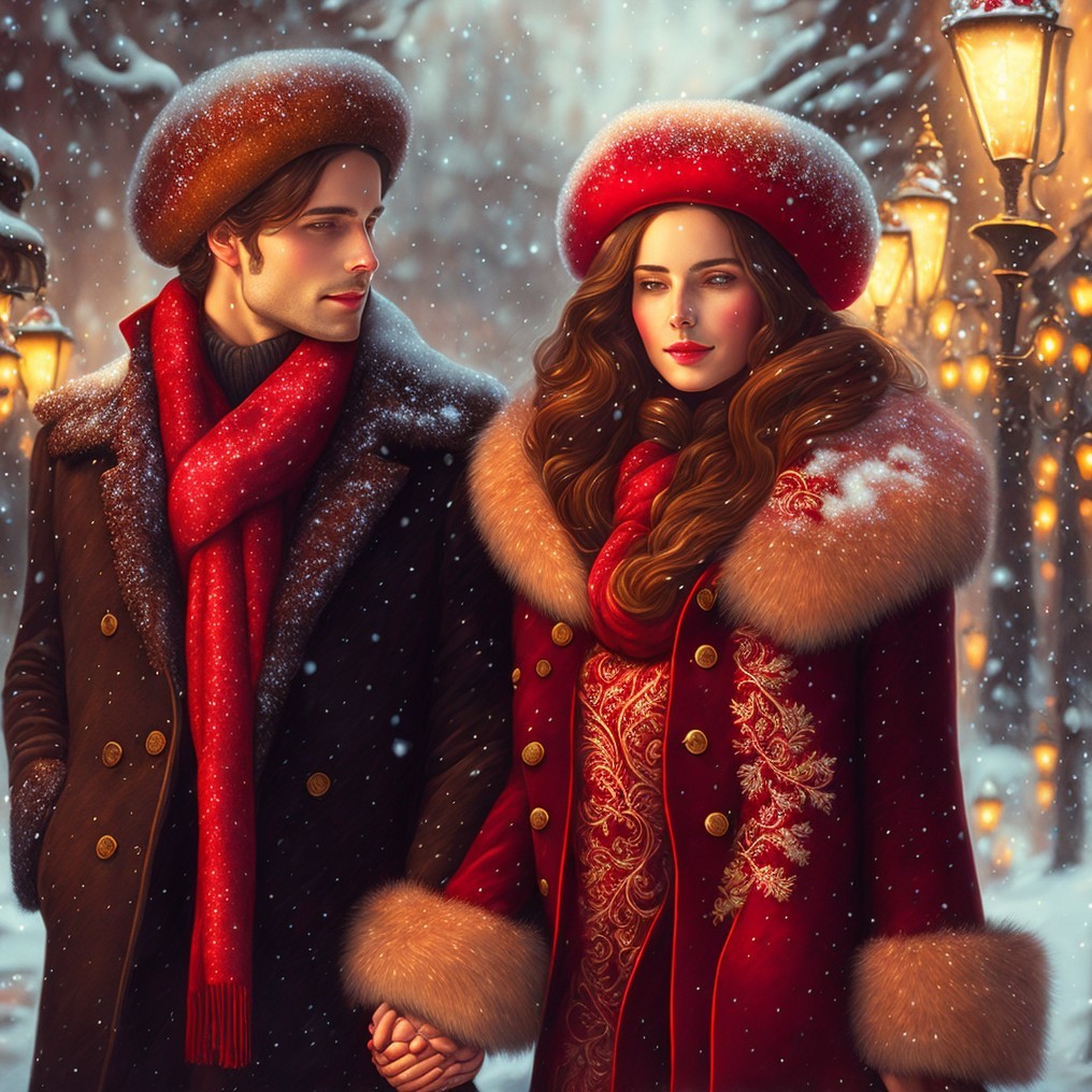Couple Walking in Snowy Street with Glowing Lamps