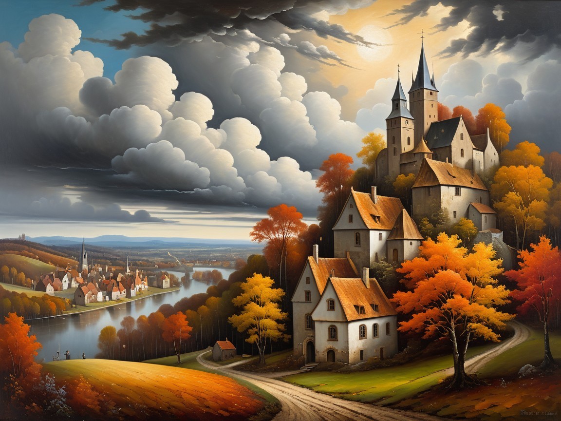 Picturesque Village and Castle in Autumn Landscape