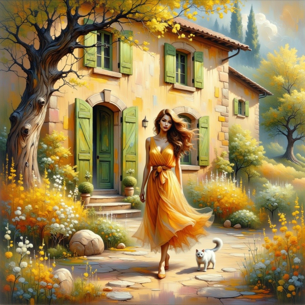 Woman in yellow dress walks on stone pathway with flowers