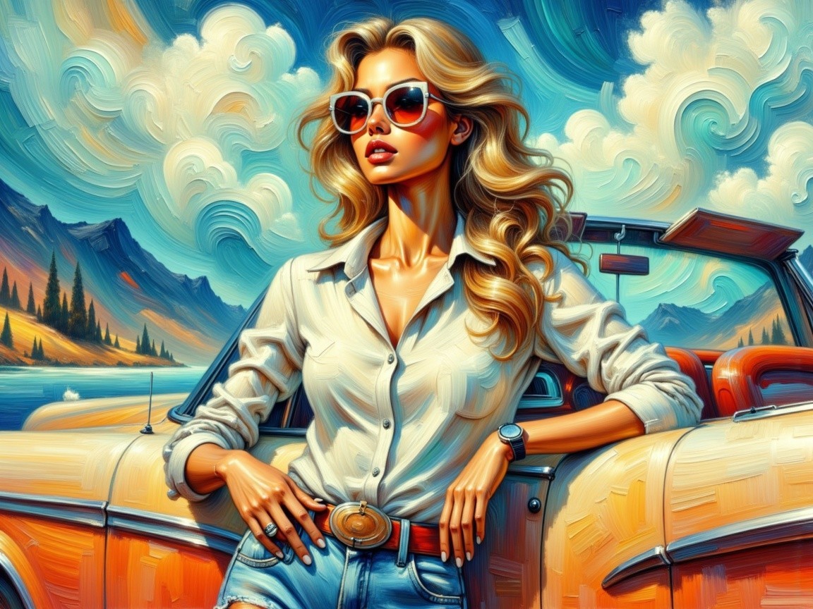 Stylish Woman by Vintage Car with Scenic Mountains