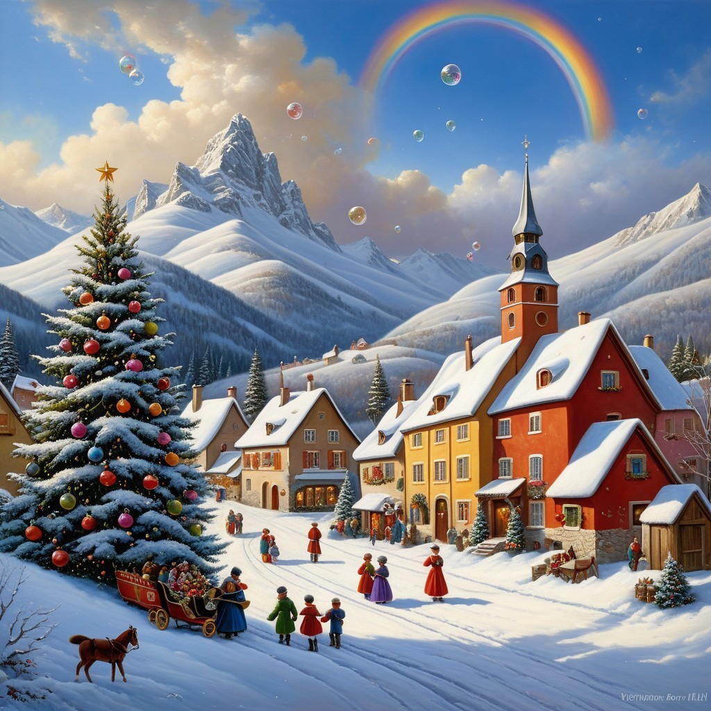 Winter Village Scene with Christmas Tree and Snowy Mountains