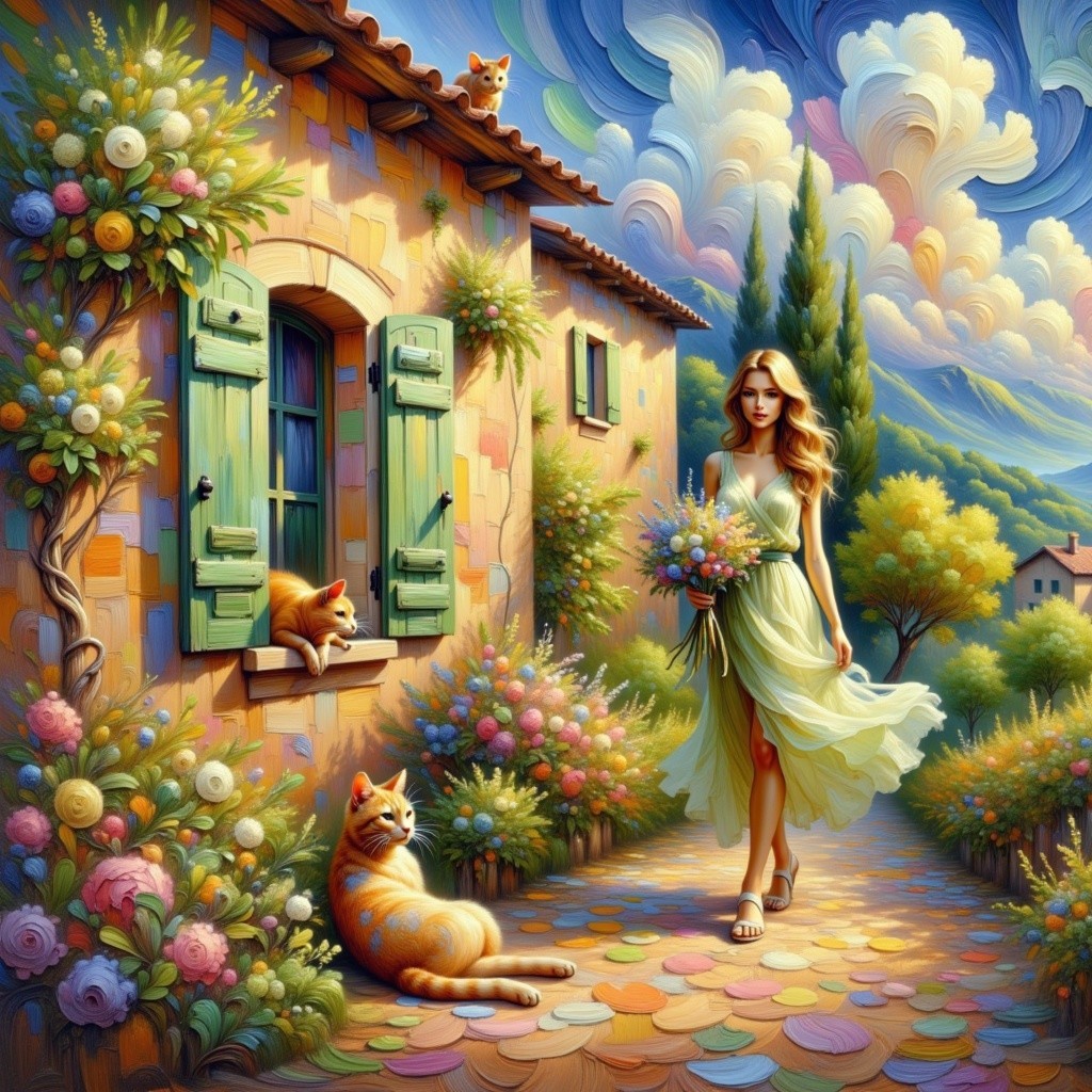Young woman in yellow dress on colorful cobblestone path