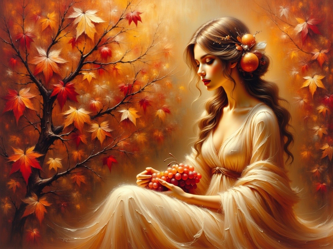 Serene Woman Surrounded by Autumn Leaves and Grapes