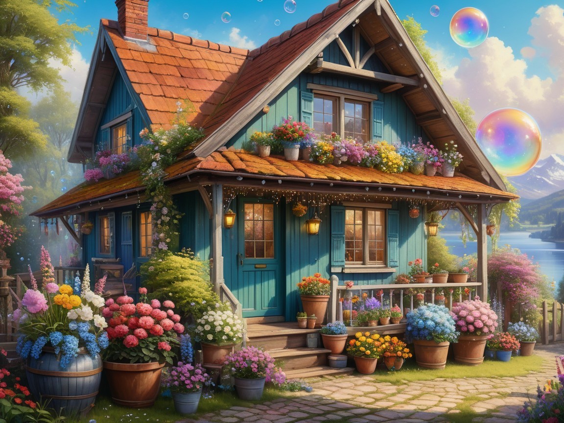 Charming Cottage with Blue Siding and Flower Beds
