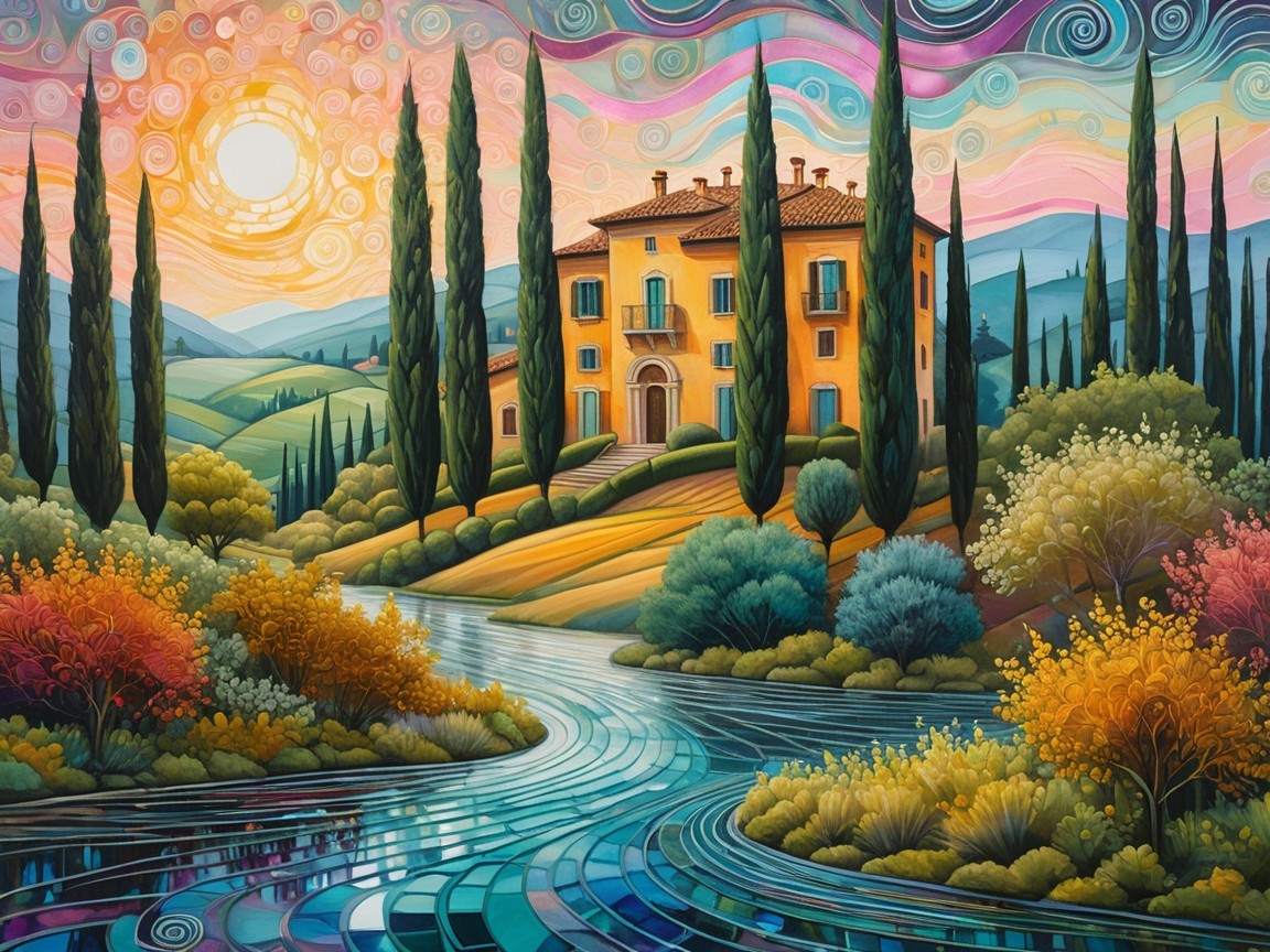 Vibrant Landscape with Villa and Rolling Hills