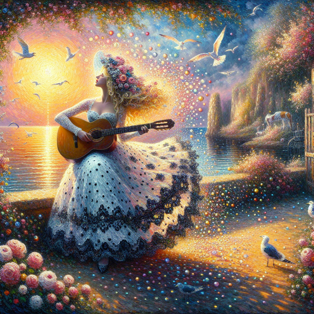 Woman in a dress playing guitar by a waterfront