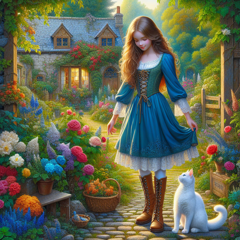 Young Woman in Blue Dress in Enchanting Garden