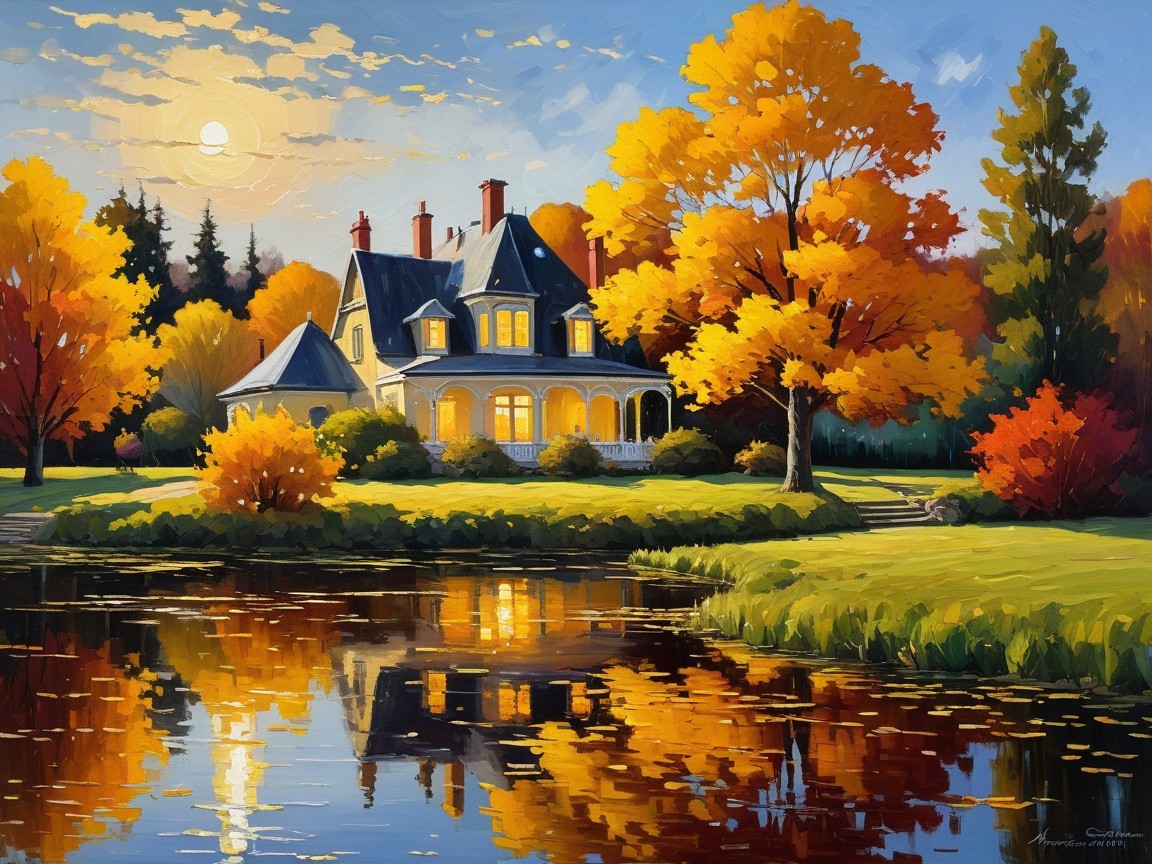 Charming House by Water Surrounded by Autumn Trees