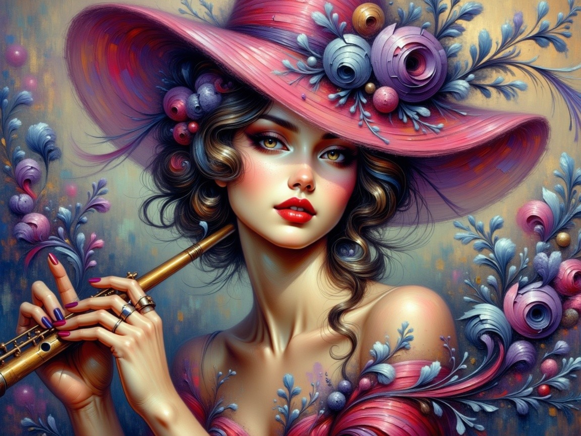 Portrait of a woman in a pink floral hat with flute