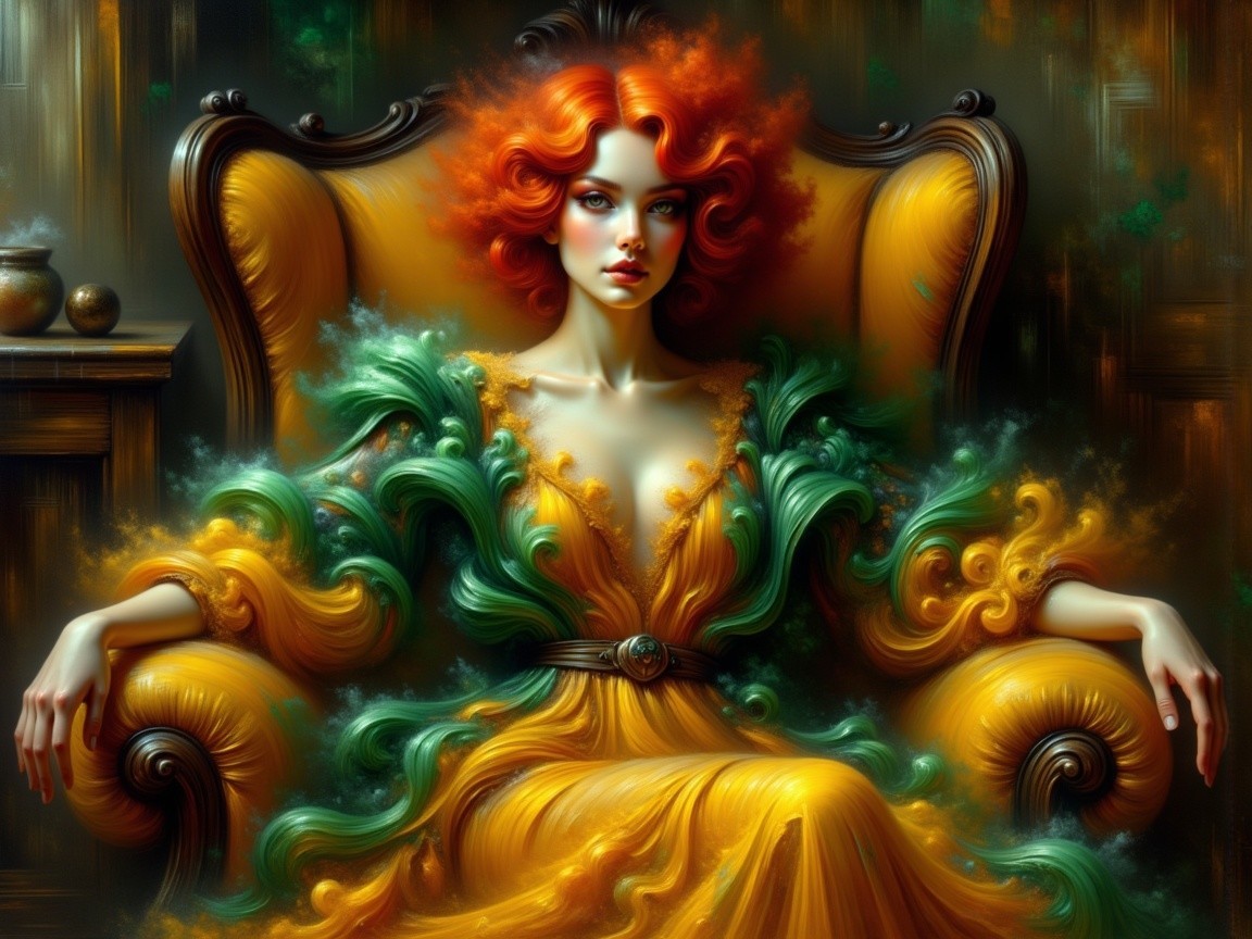 Woman with red curly hair in green and yellow gown