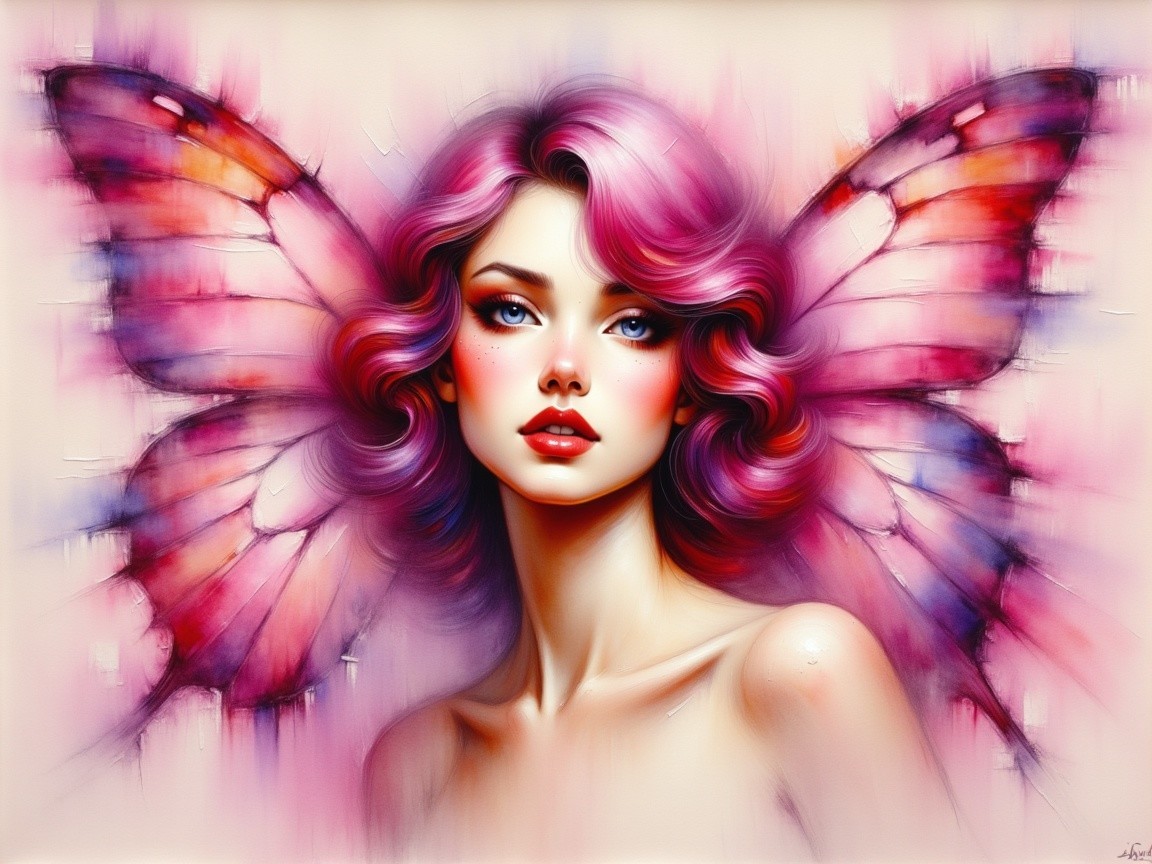 Portrait of a Young Woman with Pink Hair and Butterfly Wings