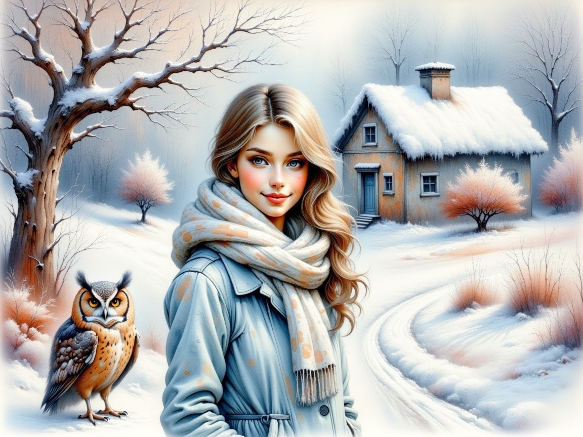 Young woman in winter landscape with owl and cottage