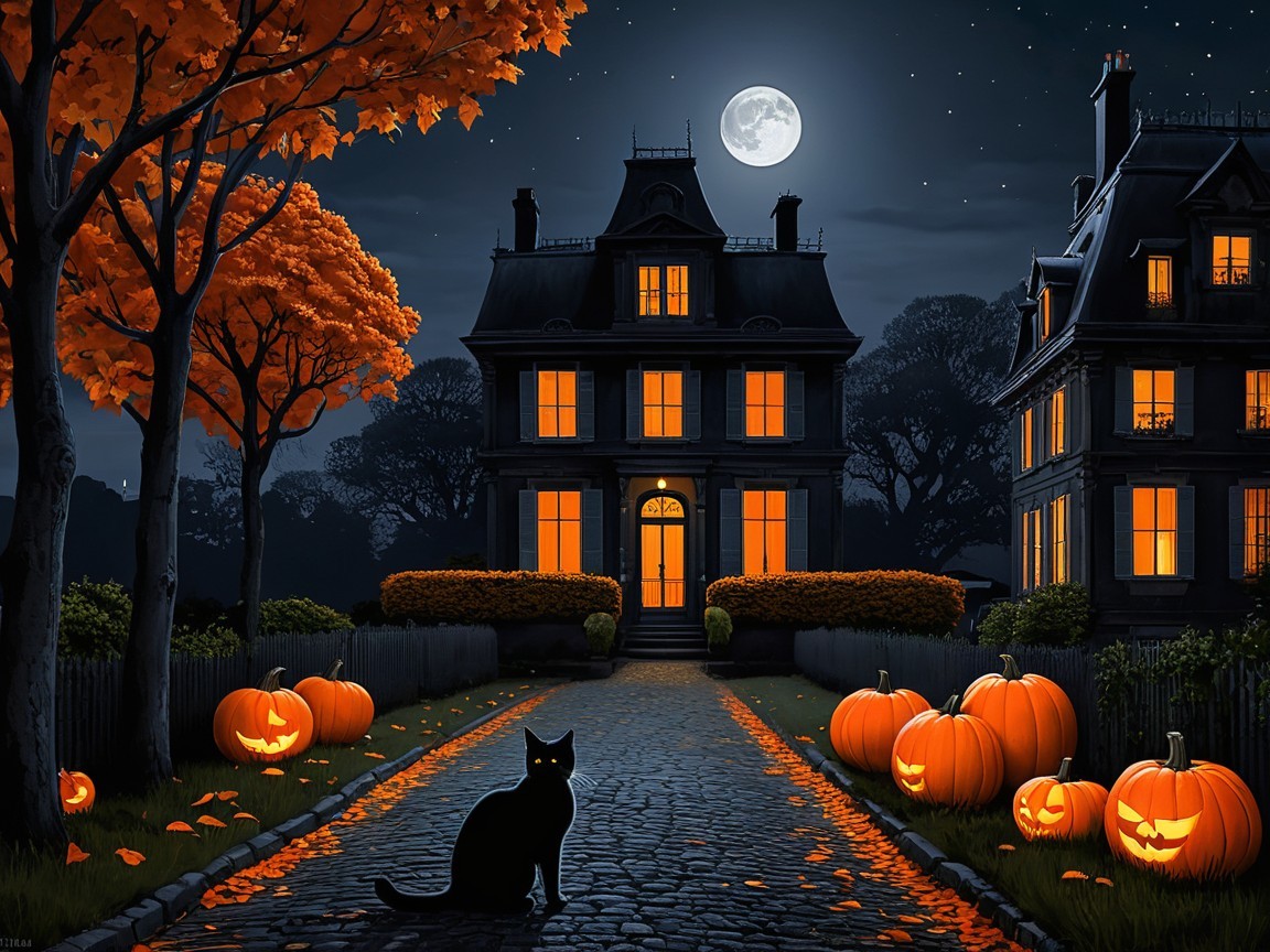 Spooky Halloween Scene with Pumpkins and Black Cat