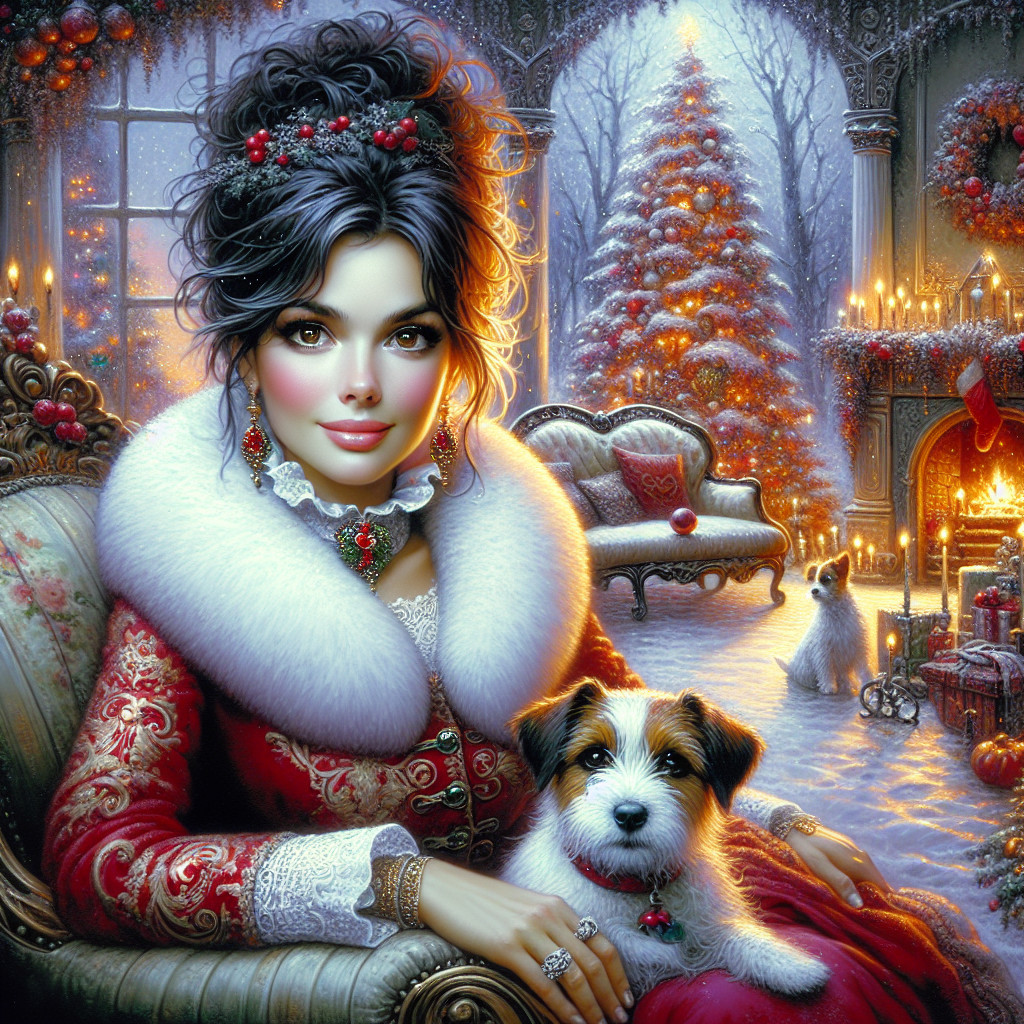 Young Woman in Festive Attire with Christmas Decor