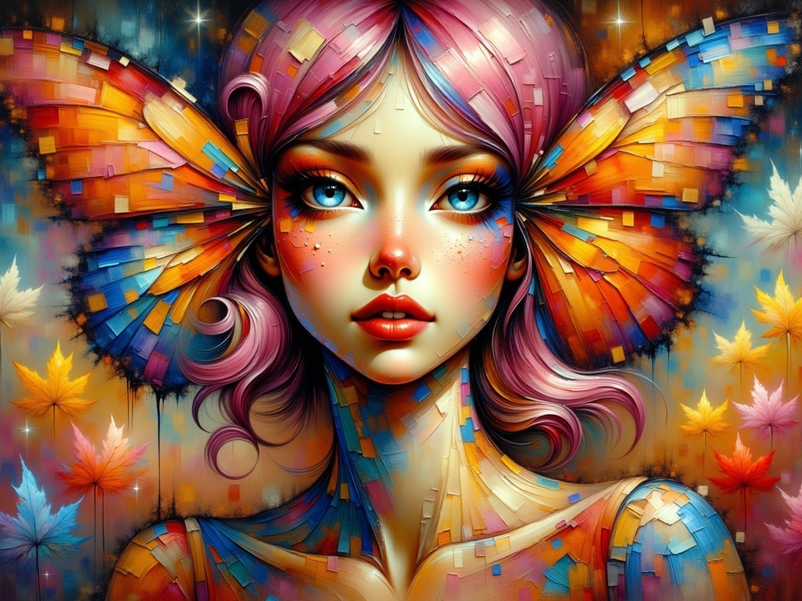 Portrait of a Young Woman with Colorful Butterfly Wings