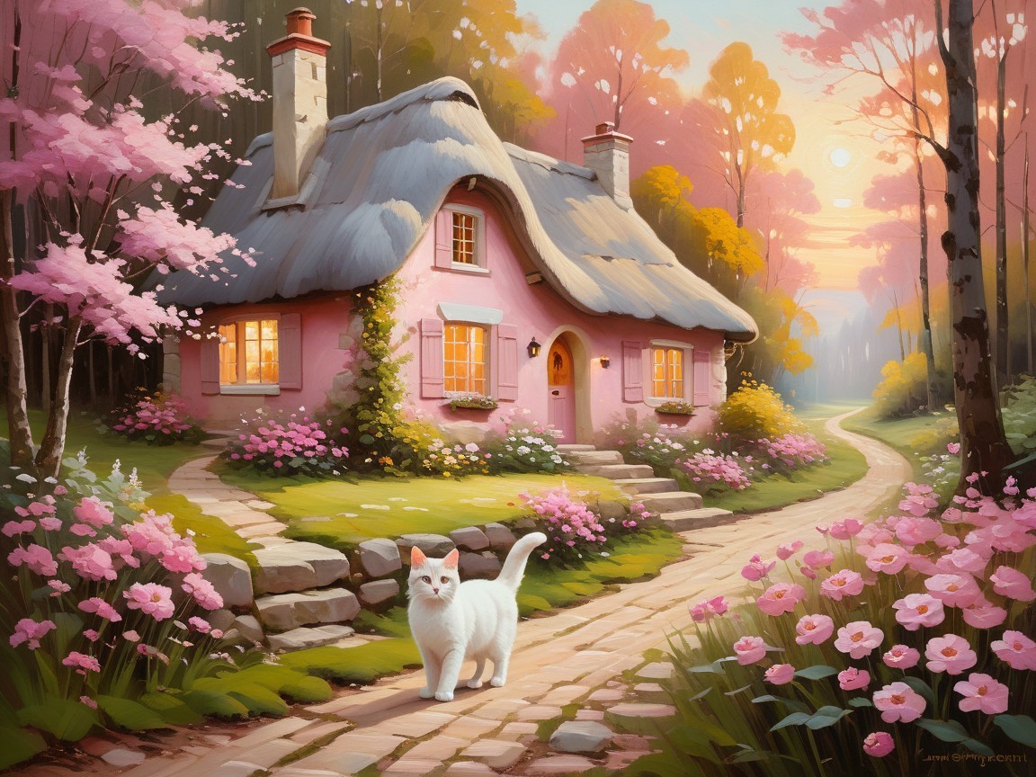 Thatched-roof cottage surrounded by cherry blossoms