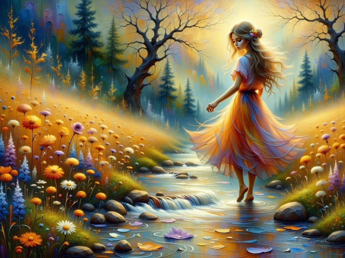 Serene Forest Glade with Woman in Orange Dress