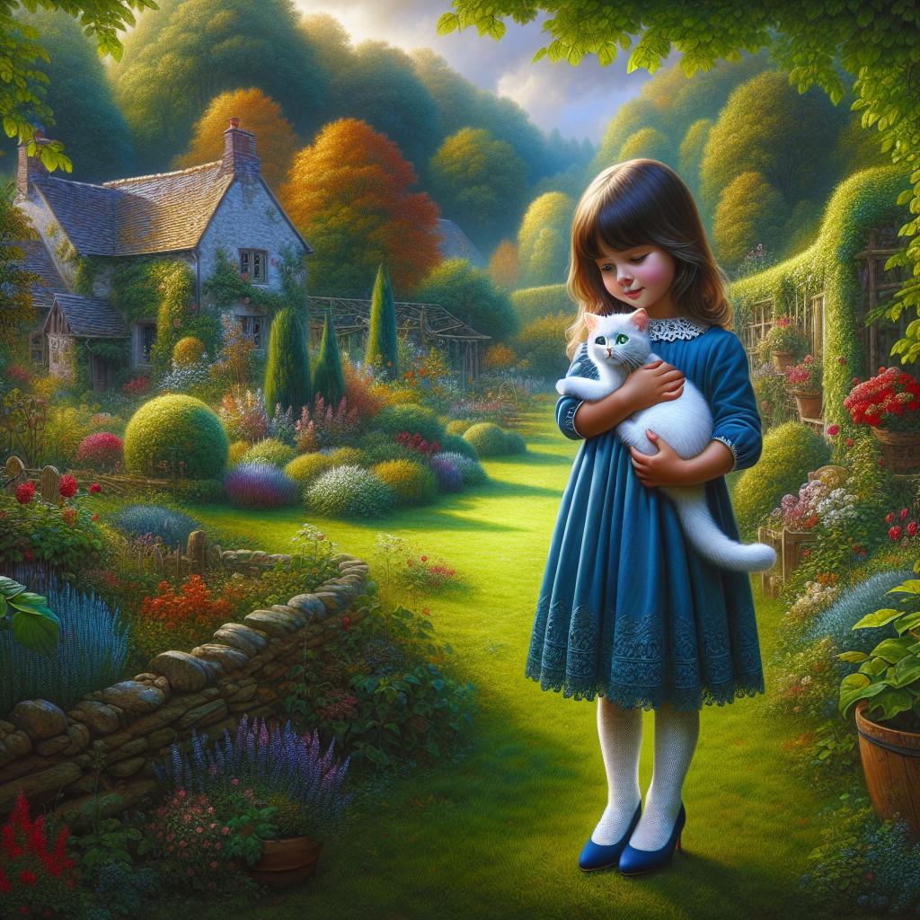 Young girl in blue dress with cat in vibrant garden