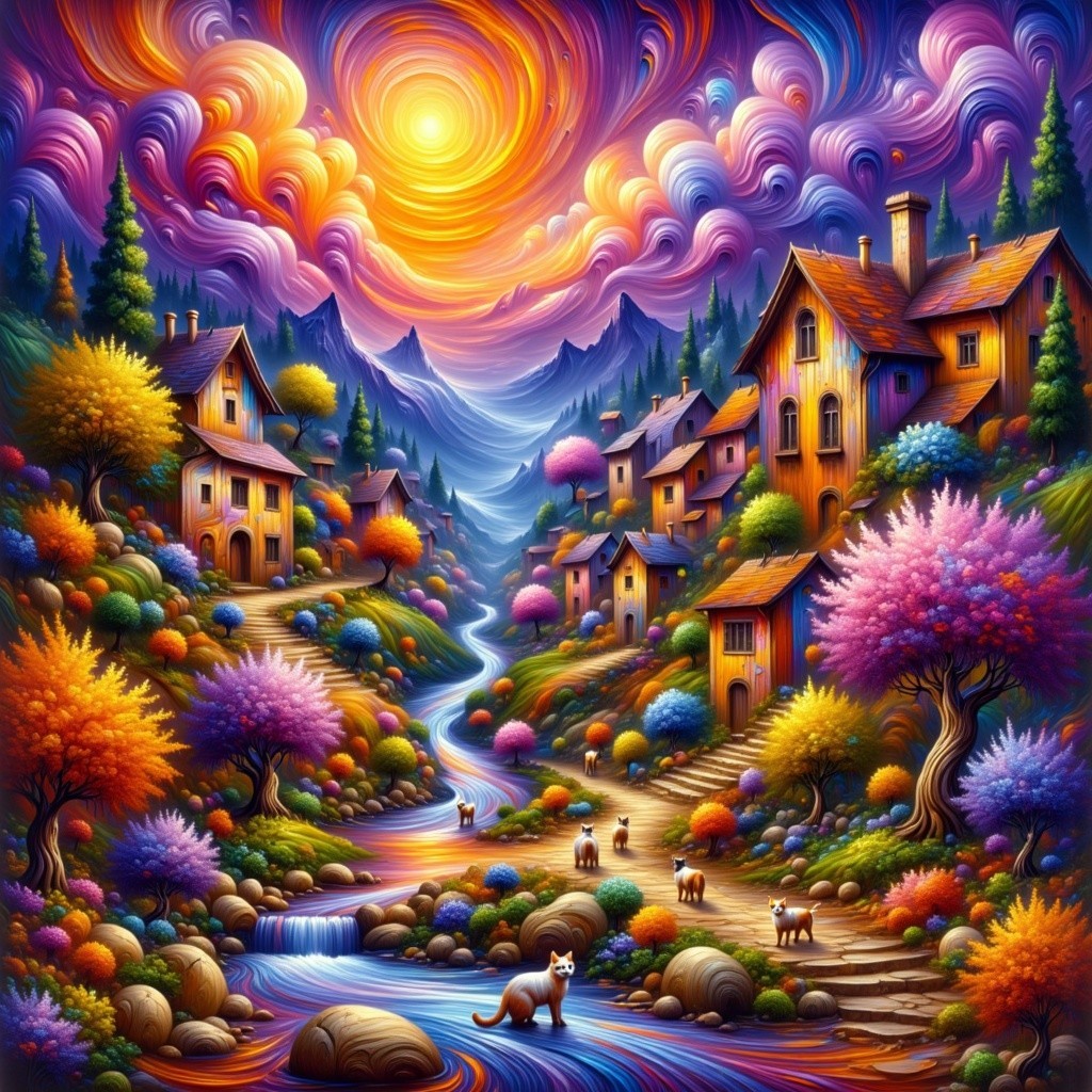 Whimsical Village Landscape with Colorful Houses