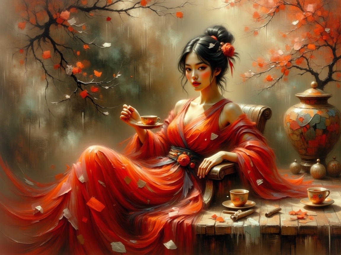 Serene Woman in Red Dress Surrounded by Autumn Leaves