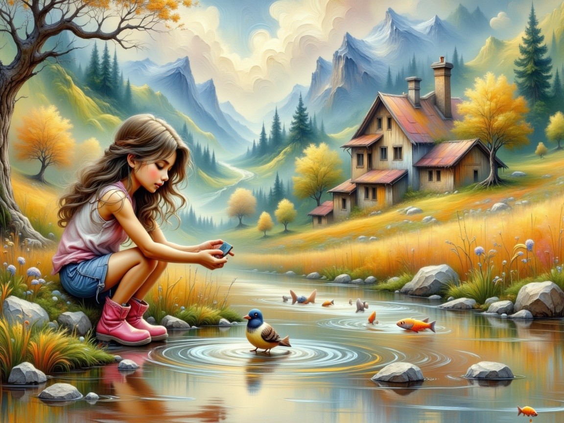 Young girl exploring a river in a serene landscape