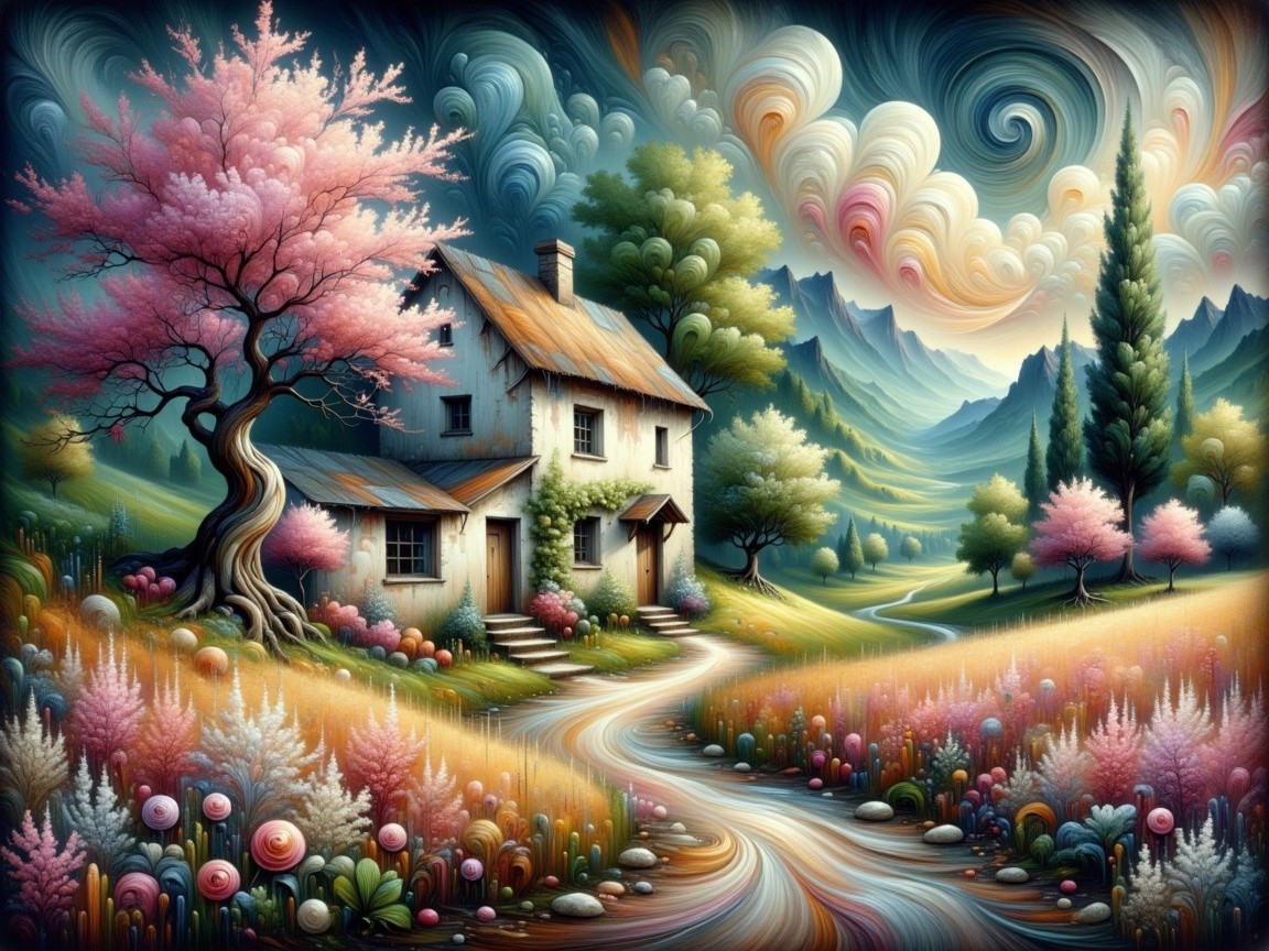 Charming Cottage in a Whimsical Landscape Scene