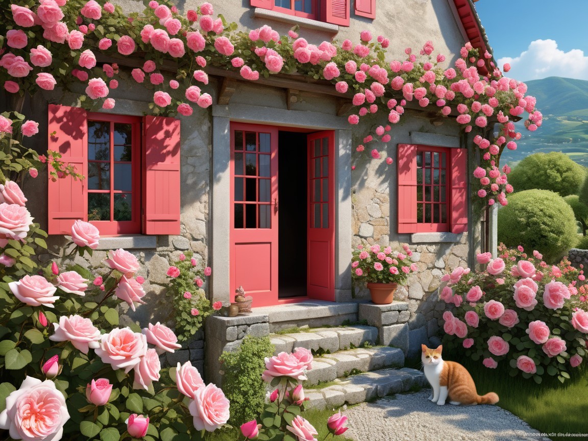 Charming Stone Cottage with Pink Roses and Cat