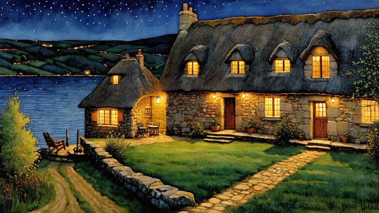 Nighttime Watercolor of a Cottage by a Lake