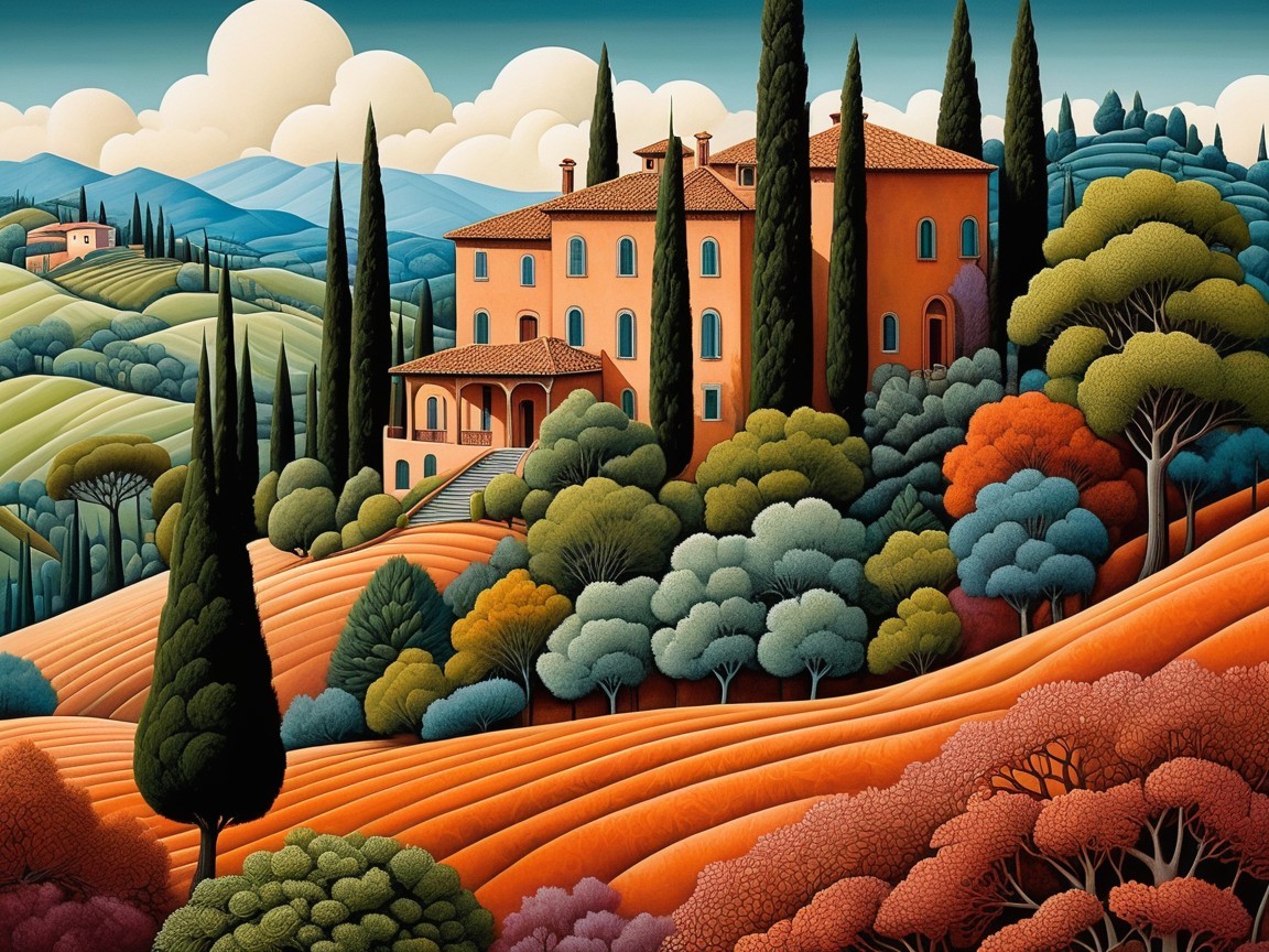 Vibrant Autumn Landscape with Villa and Rolling Hills