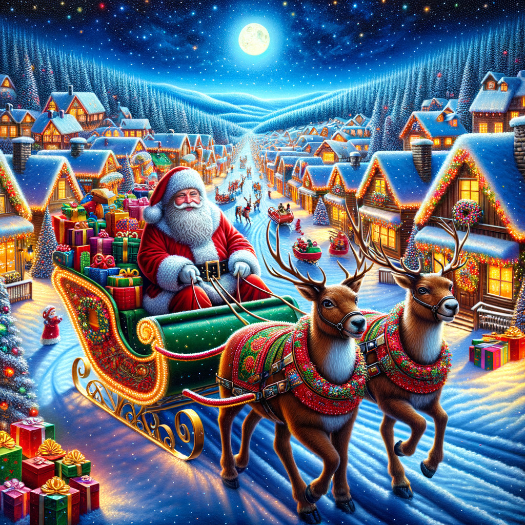 Snowy Village with Santa in Sleigh and Twinkling Lights