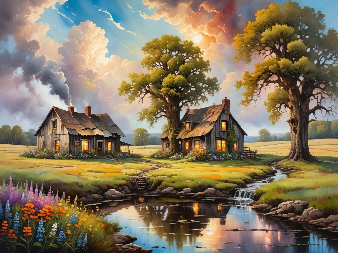Serene Countryside Scene with Cottages and Stream