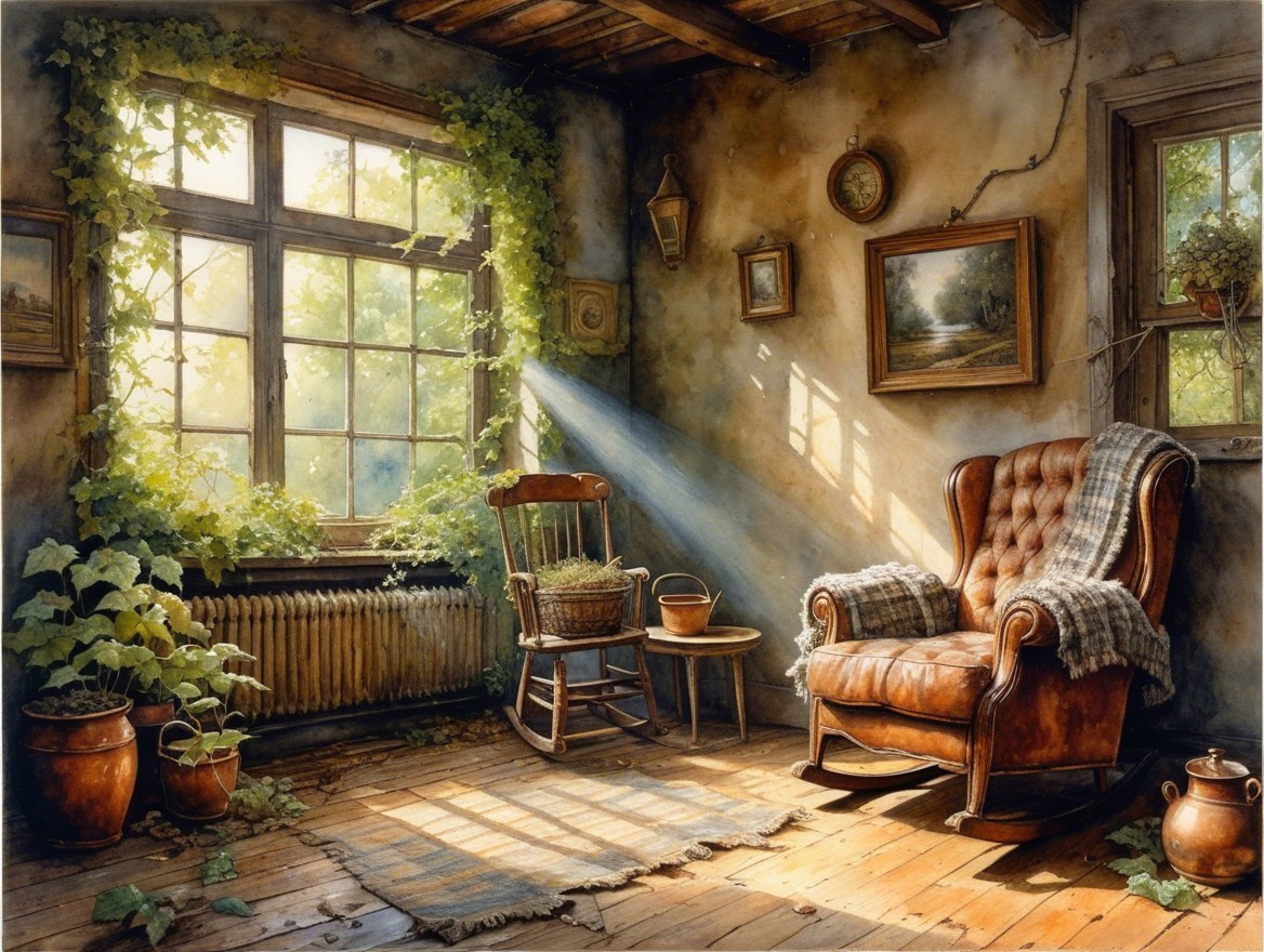 Cozy Sunlit Room with Vintage Furniture and Decor