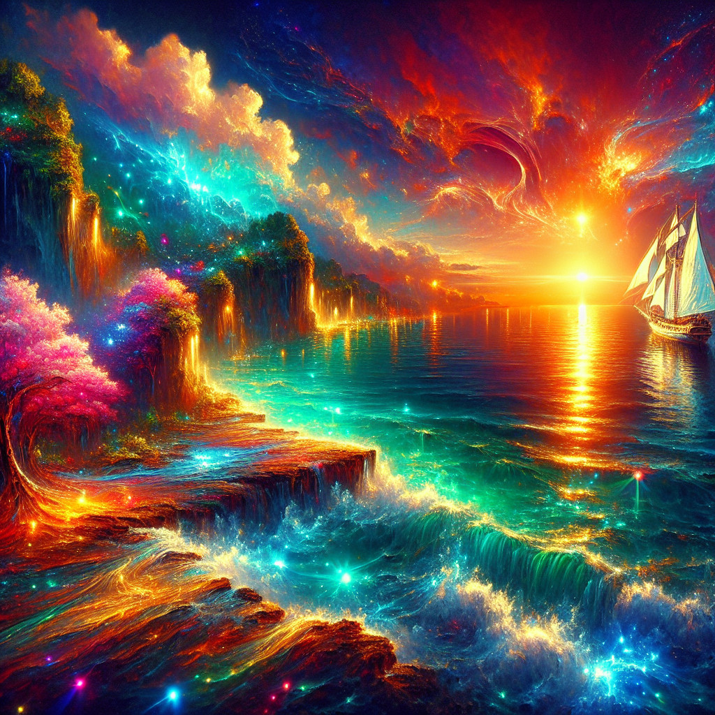 Surreal Landscape with Ocean, Sunset, and Waterfalls