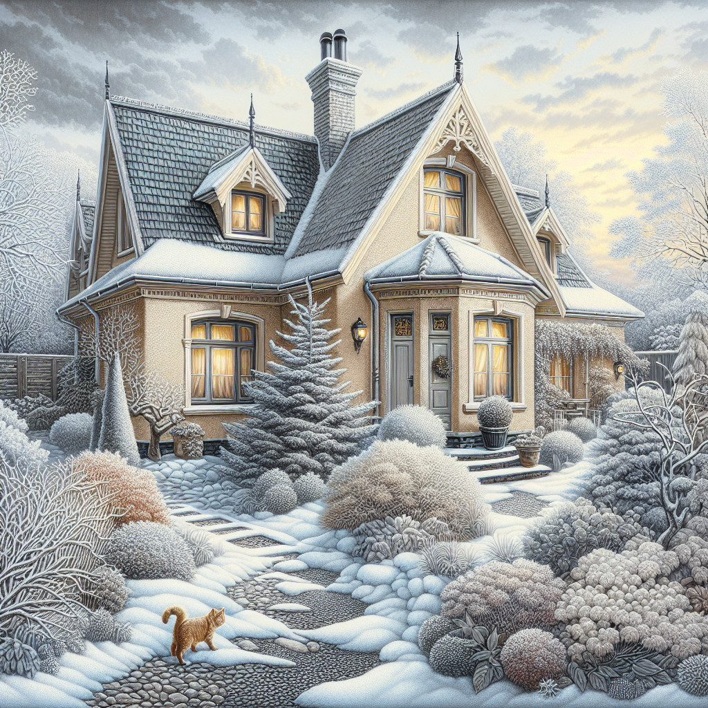 Victorian House in Winter Landscape with Ginger Cat