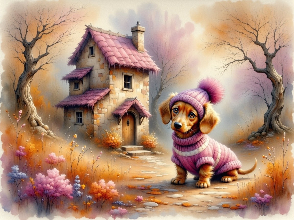 Whimsical Autumn Landscape with Dachshund and Cottage