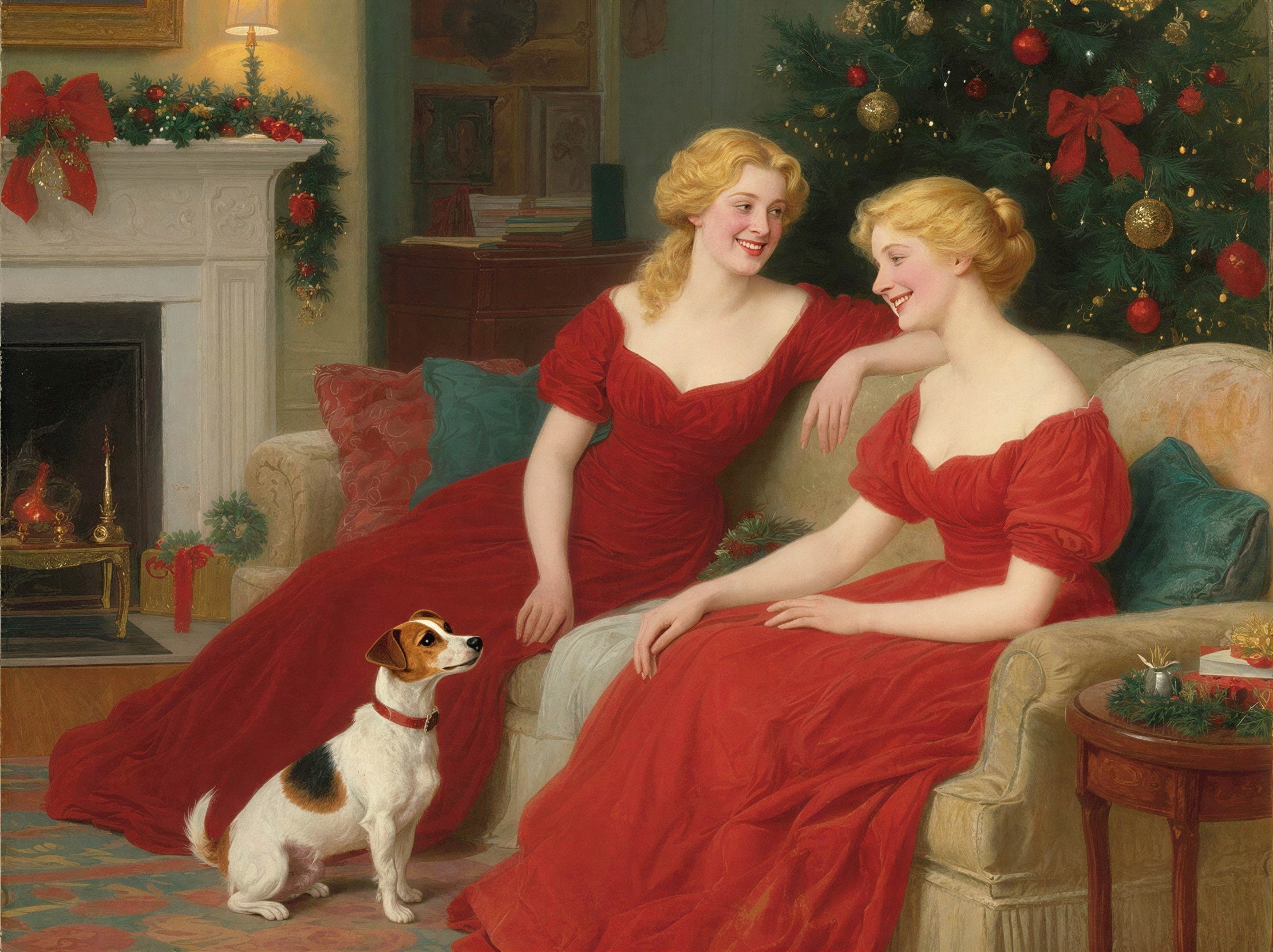 Young women in red dresses by a Christmas fireplace