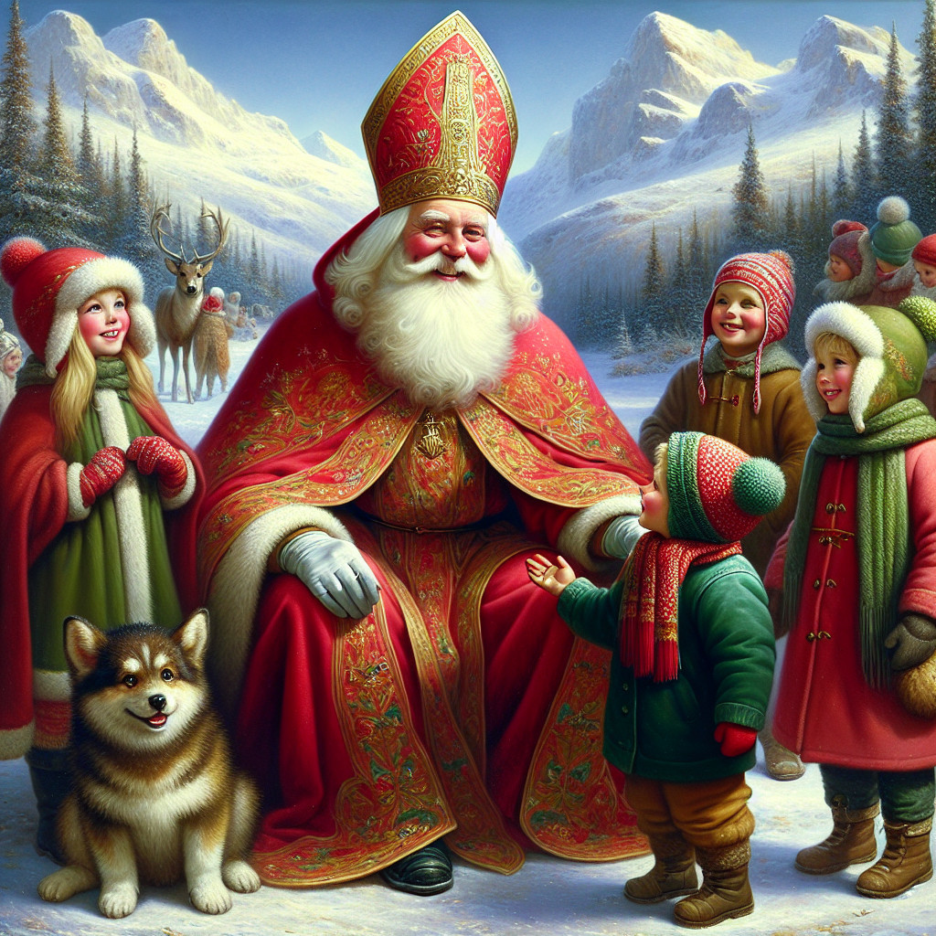 Santa Claus in a snowy landscape with children and dog