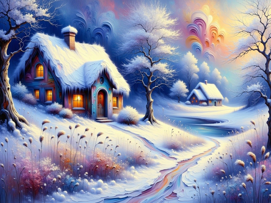 Winter Scene with Cottages and Frost-Covered Landscape