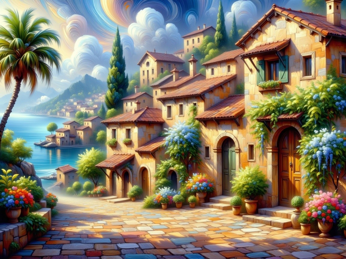Charming Coastal Village with Stone Houses and Flowers