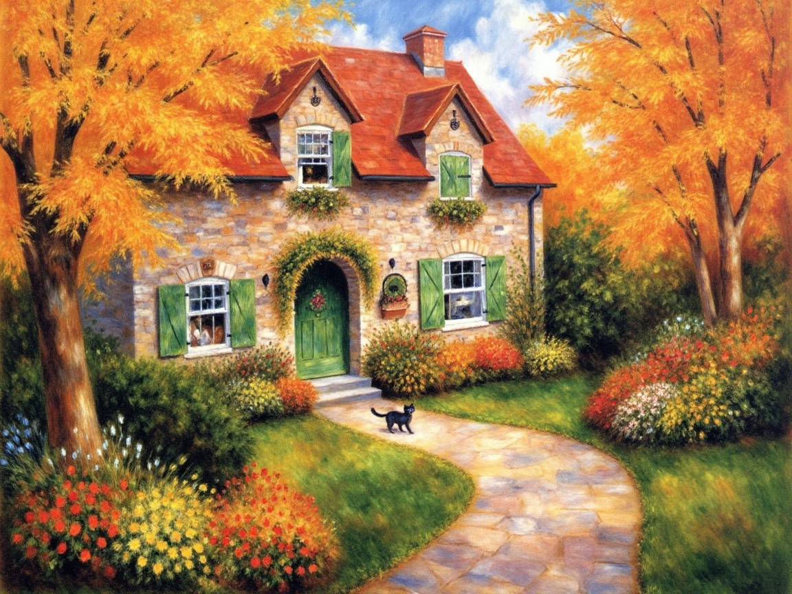 Stone Cottage Surrounded by Autumn Foliage and Flowers