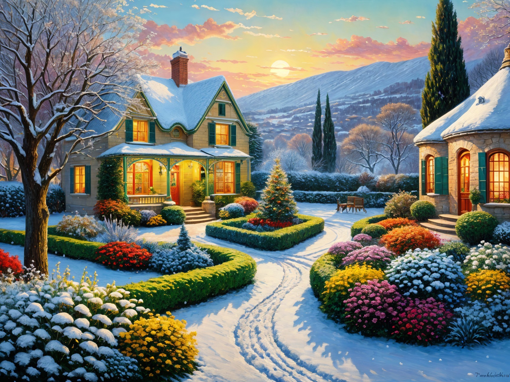 Charming Winter Scene with Cozy House and Snowy Garden