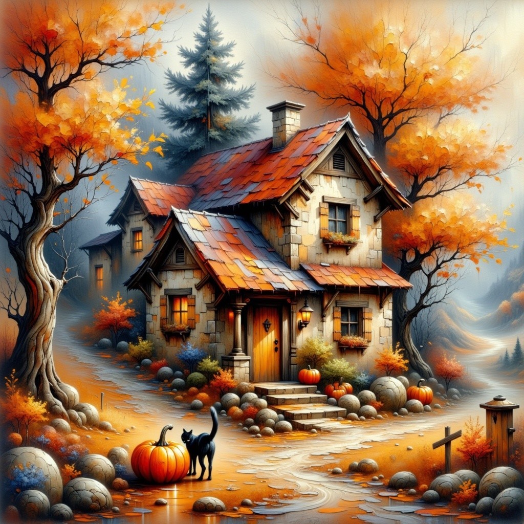 Charming Stone Cottage Surrounded by Autumn Colors